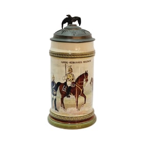 Mettlach Stein #2140/775, German Regimental Beer Stein, Guard Cuirassier Regiment Garrisoned in