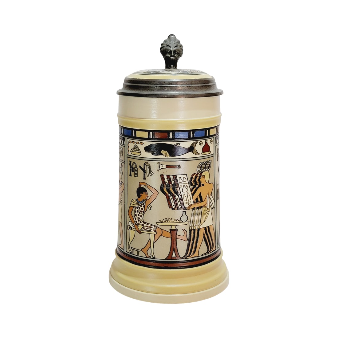 Mettlach Stein #2583, German Beer Stein, Events in Black Whale at Ascalon: 1.0 Liter pottery etched with pottery inlay lid, signed by Fritz Quidenus, circa 1900