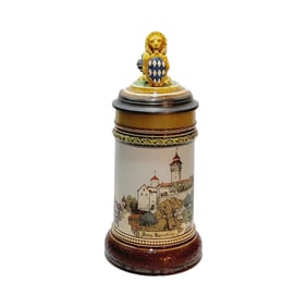Mettlach Stein #2277 German Beer Stein, Burg Nurnberg Castle with Lion Lid