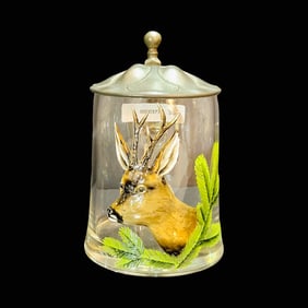 Small Glass Stein, German Beer Stein, Art Nouveau Portrait of Stag