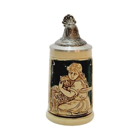 Small Pottery Stein, German Beer Stein, Little Girl & Dog