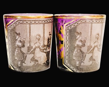 Pair of Bohemian Beakers, German Glass Beaker, Pair of Beakers depicting Arabian Couples Feasting