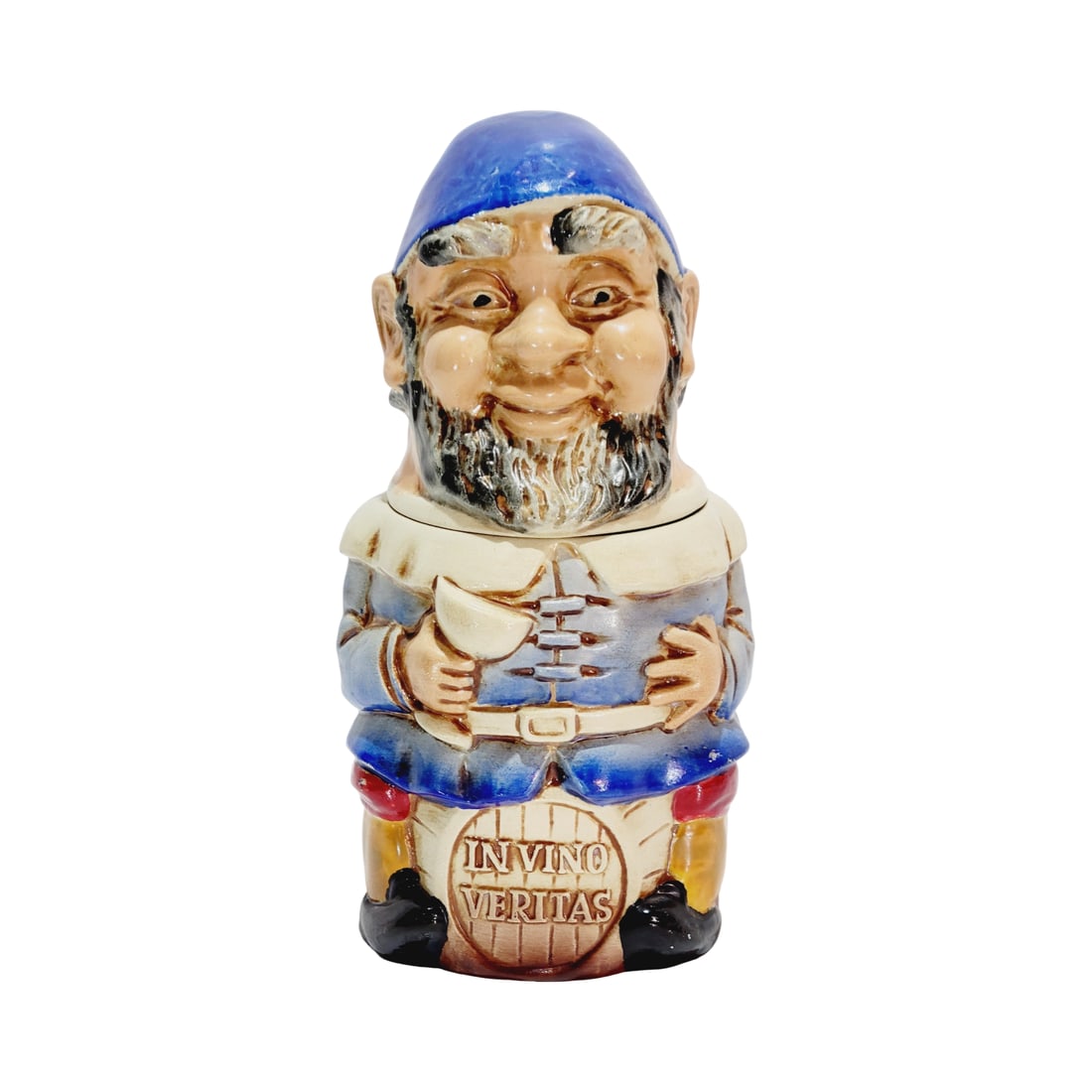 Goebel Merkelbach Character Stein, German Beer Stein, Gnome on Barrel holding Wine Glass: 1/2 Liter pottery hand painted with figural lid, circa 1970's