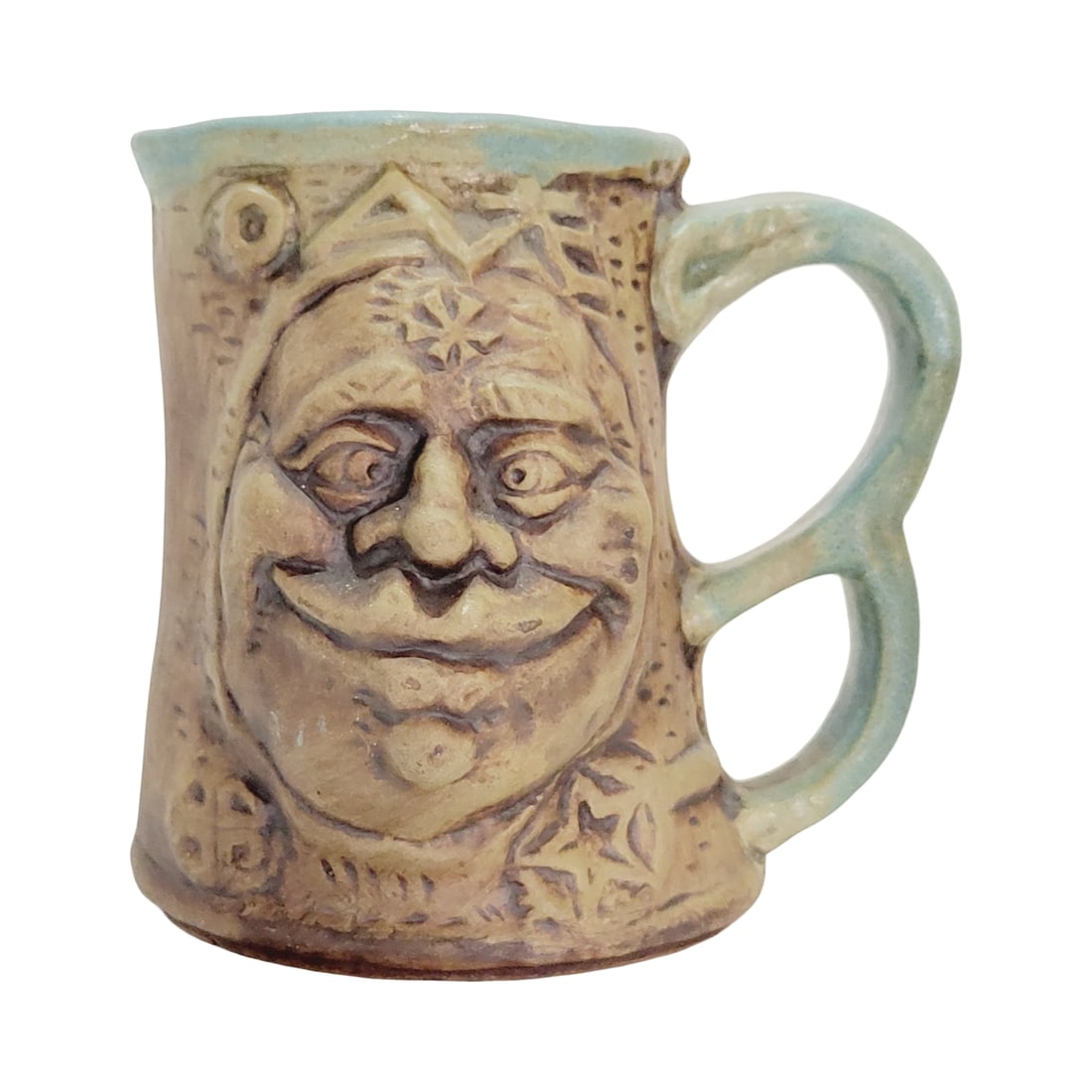 RUMPH Pottery, American Mug, The Crosseyed Tankard: 5.5" Tall by 5.5" Wide stoneware in relief with a surprise inside, circa 1971