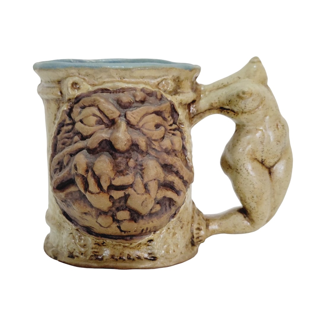 RUMPH Pottery, American Mug, The Headless Maiden Tankard with Ogre Face: 4.75" Tall by 5.5" Wide stoneware in relief, circa 1971
