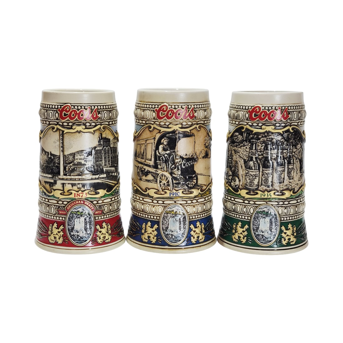 Coors Brewery Steins, Brazilian Beer Steins, Set of Three Coors Steins: 1988 - Brewery Site 1873, 1989 - Beer Truck 1910, 1990 - Print Advertisement 1935