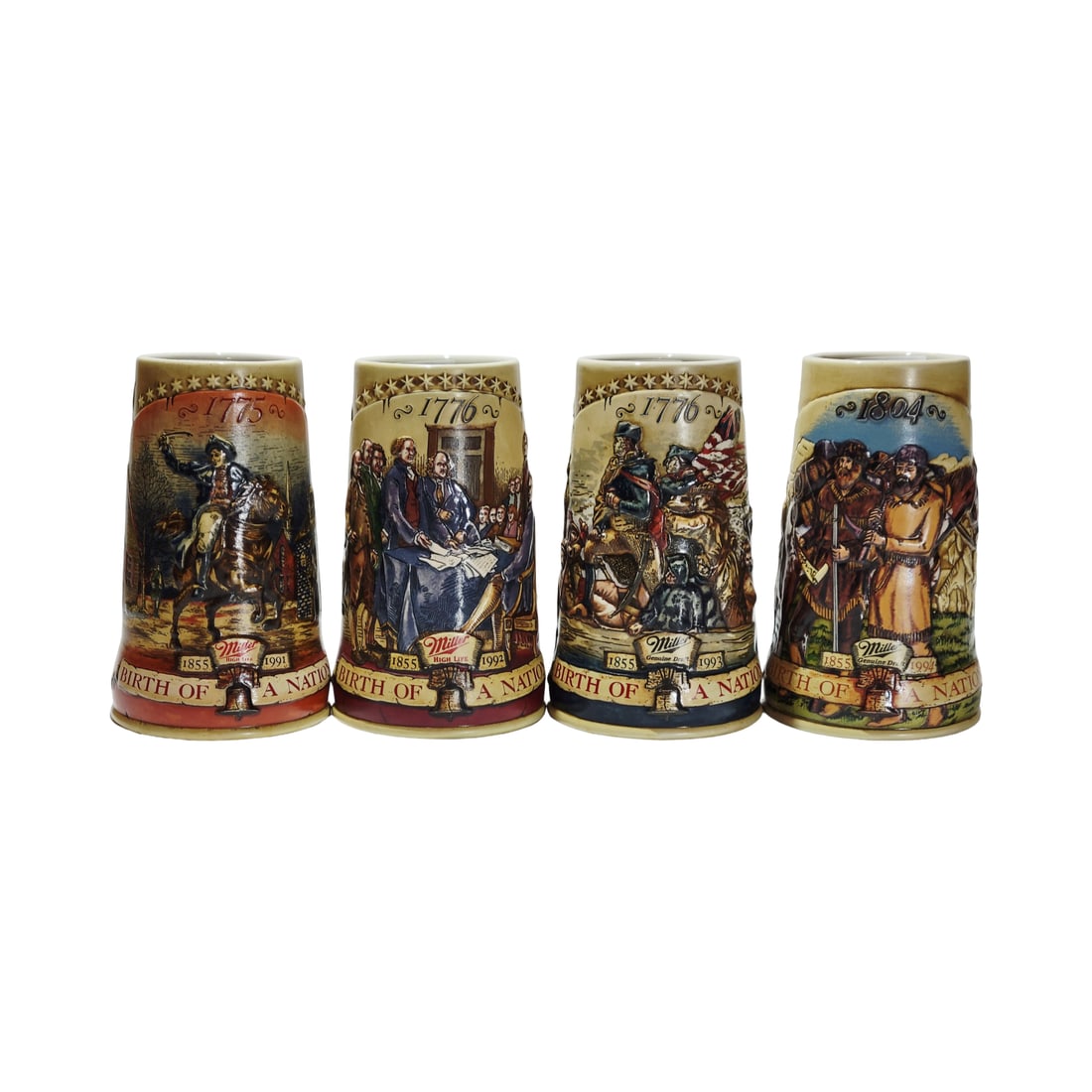 Miller Brewery Steins, Brazilian Beer Steins, Set of 4 Birth of a Nation Steins: 1991 - Paul Revere, 1992 - Declaration of Independence, 1993 - Washington Crossing the Delaware, 1994 - Lewis & Clark