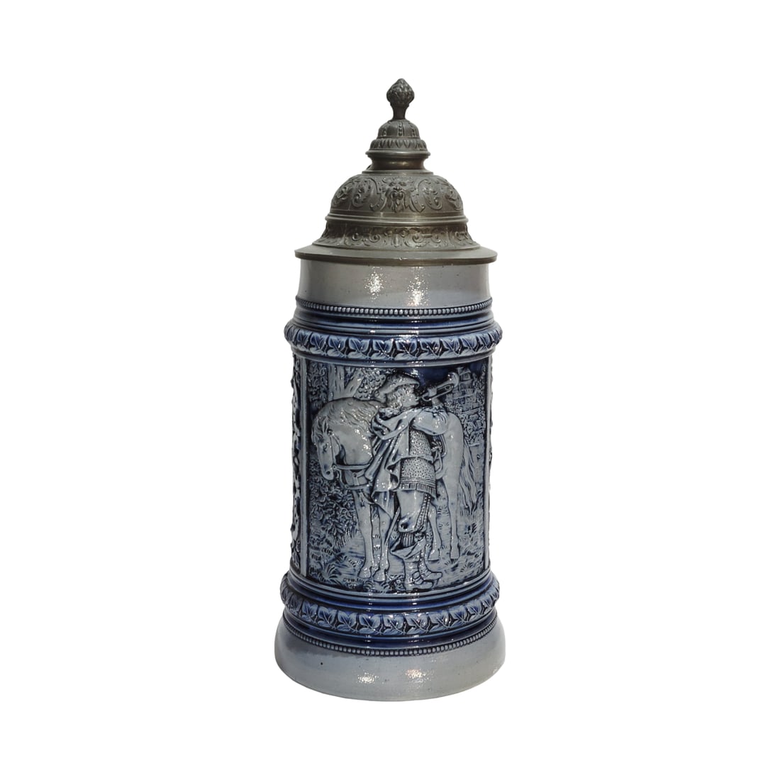 German Stein, German Beer Stein, Farewell: 1.0 Liter stoneware blue salt glaze in relief with sayings with nice pewter lid, circa 1880's