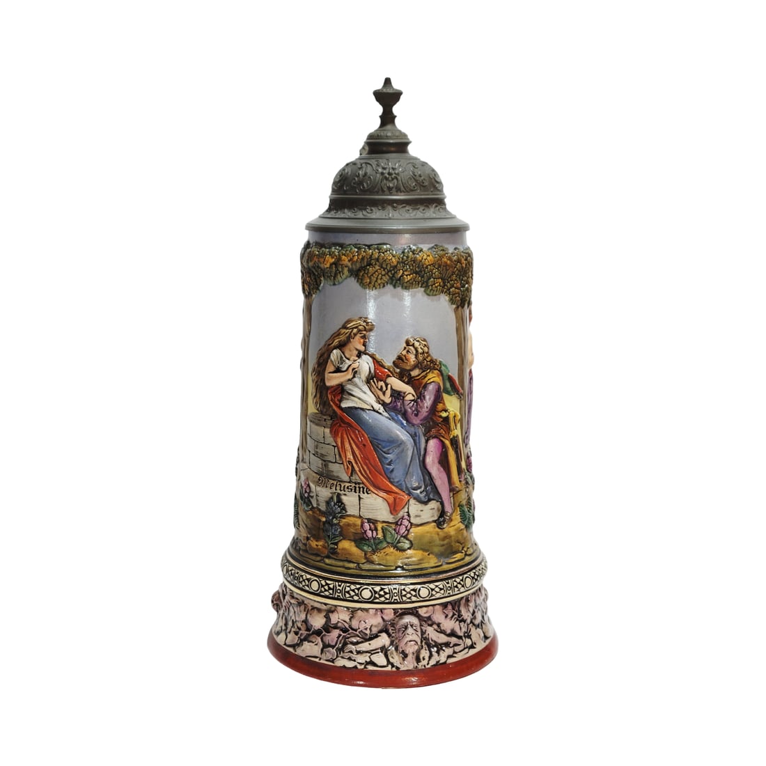 Dumler & Breiden #570, German Beer Stein, Courting Couple: 1.0 Liter pottery in raised relief, full color with a very nice pewter lid, circa 1890's