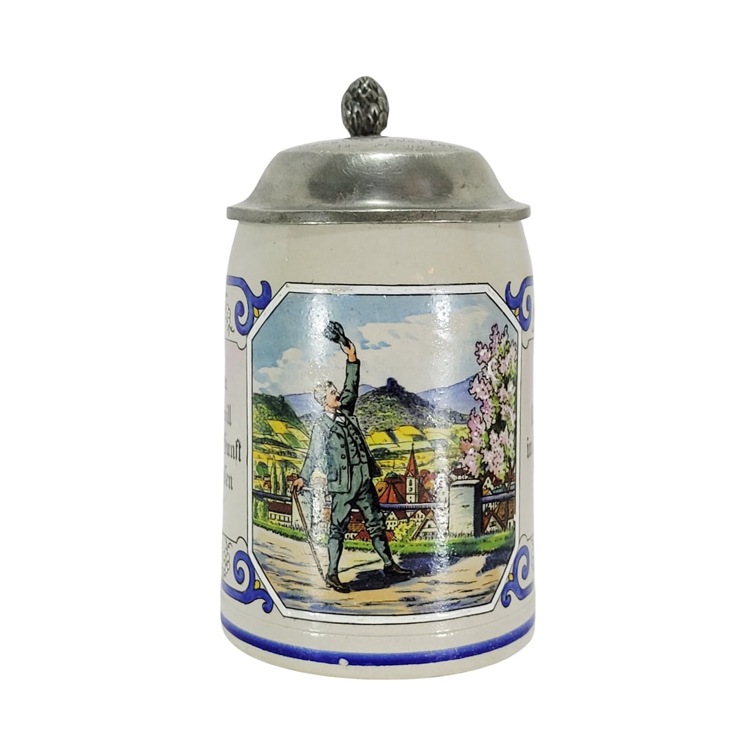 Marzi & Remy Stein, German Beer Stein, Farewell: 1/2 Liter stoneware salt glaze embellished transfer over glaze with pewter lid, Text - To whom God wills true favor, The one sent into the wide world, circa 1920's