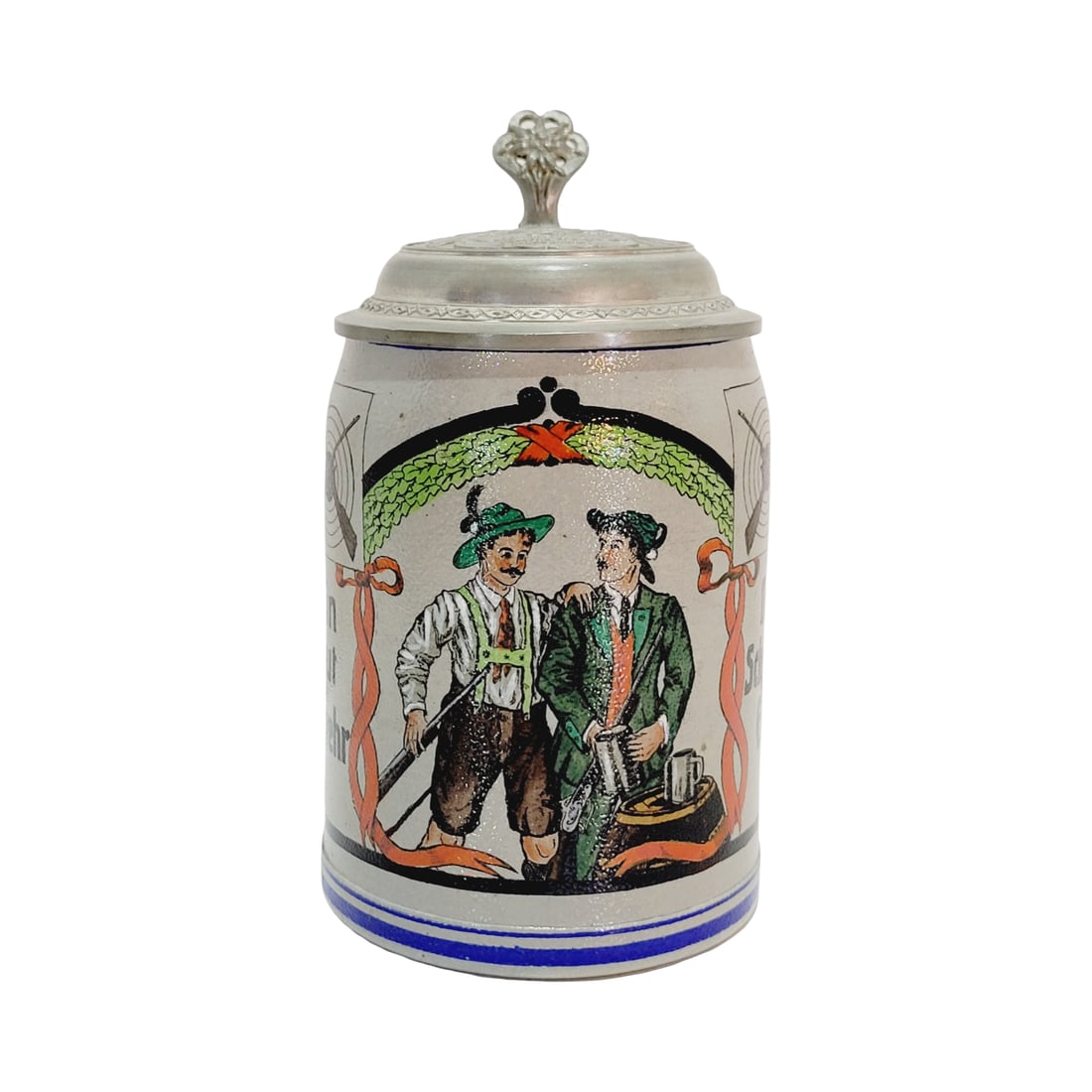 Marzi & Remy Stein, German Beer Stein, Shootfest Stein: 1/2 Liter stoneware salt glaze embellished transfer over glaze with pewter lid, Text - A good rifle to protect honor, circa 1920's