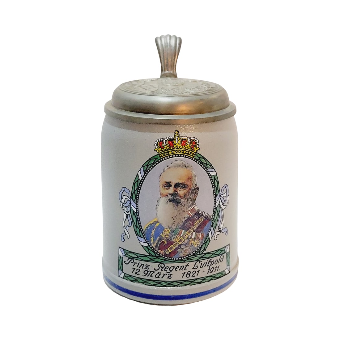 Rastal Stein, German Beer Stein, Prince Regent Luitpold: 1/2 Liter stoneware salt glaze transfer under glaze with pewter lid, circa 1980's