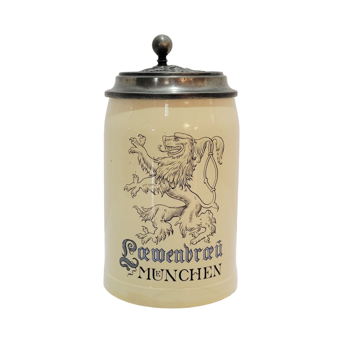 German Beer Stein, German Brewery Stein, Lowenbrau M?nchen: 1/2 Liter stoneware salt glaze print over glaze with pewter lid, circa early 1900's
