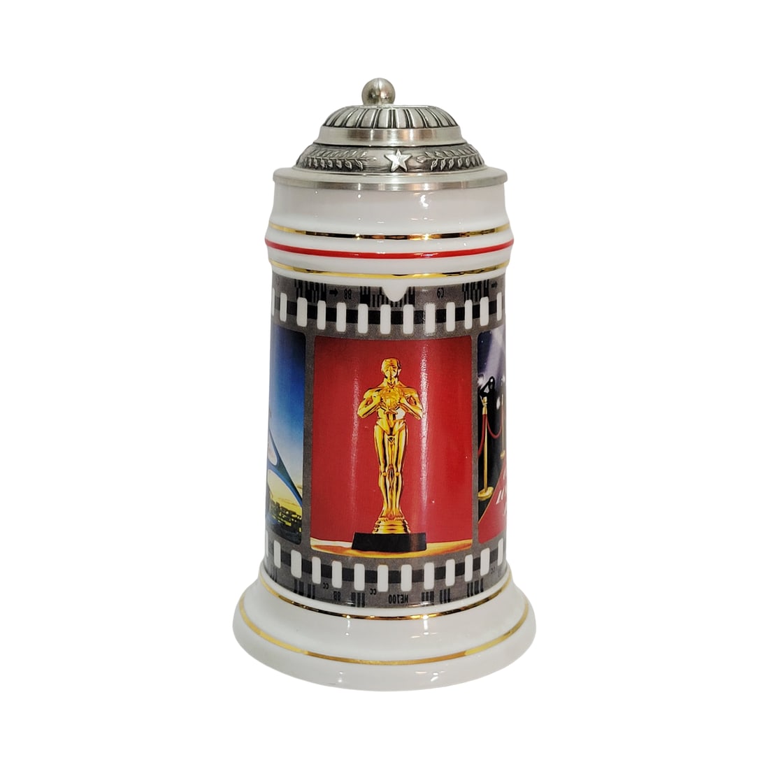 Stein Collector International Stein, , German Beer Stein, 47th SCI Convention Los Angeles 2013: 1/2 Liter porcelain print under glaze with pewter lid, circa 2013