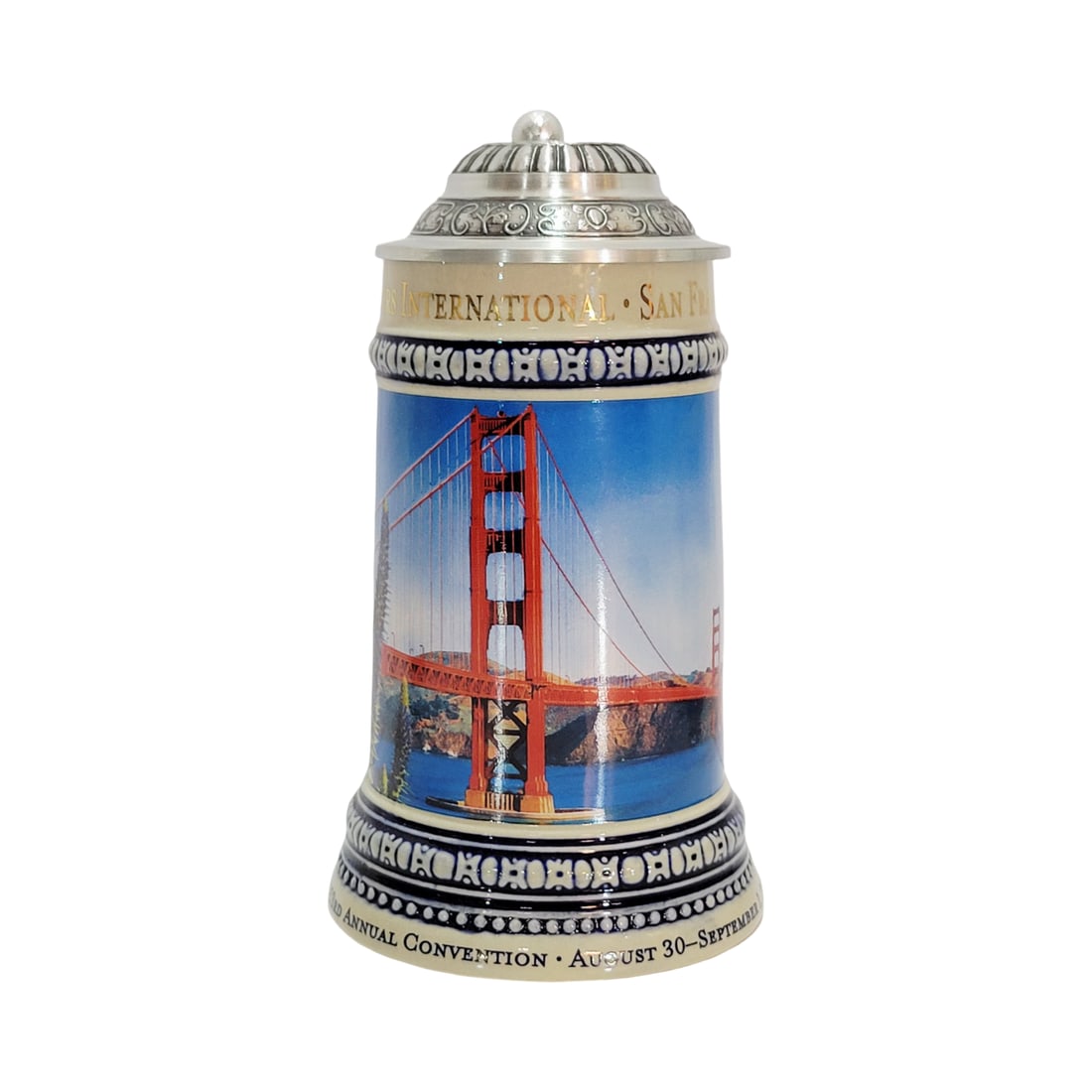 Stein Collector International Stein, , German Beer Stein, 53rd SCI Convention San Francisco 2019: 1/2 Liter stoneware print under glaze with pewter lid, circa 2019
