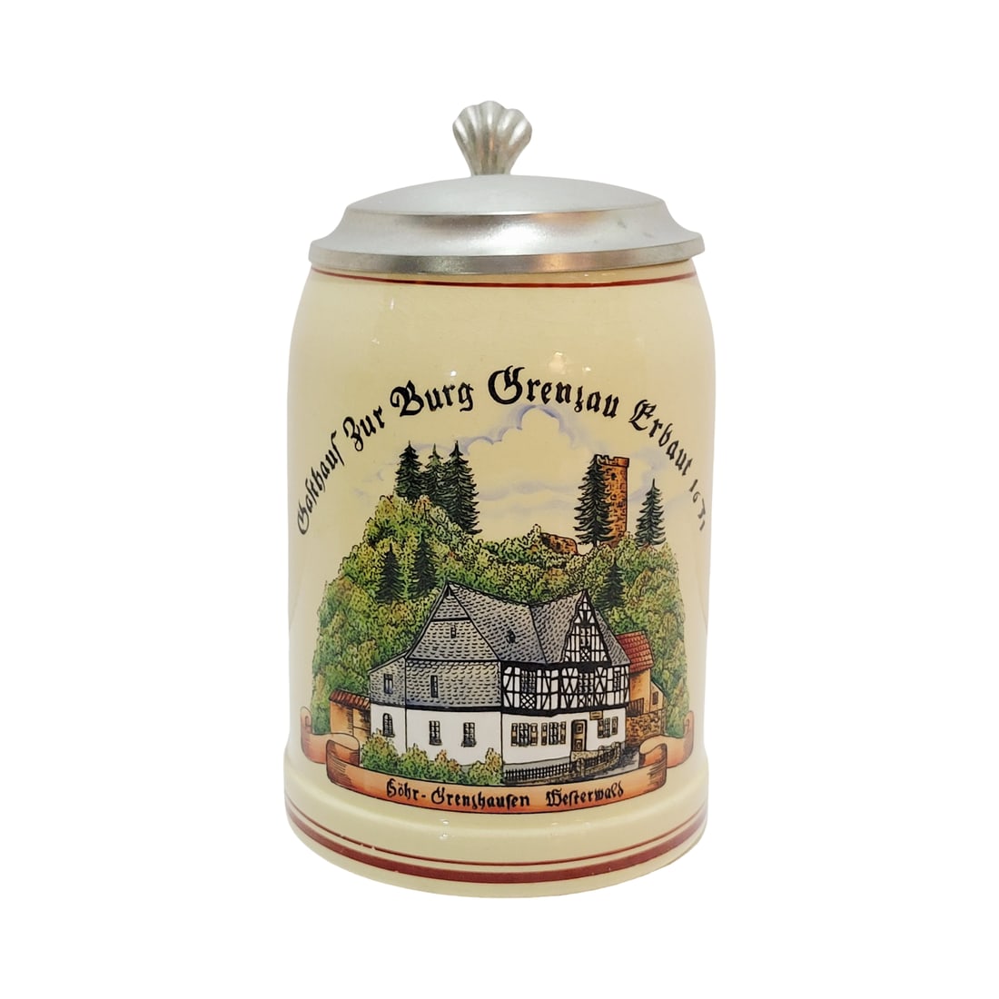 Wick Werke Stein, German Beer Stein, Burg Grenlau Erbaut: 1/2 Liter pottery print over glaze with pewter lid, circa 1960's