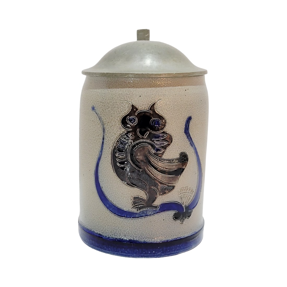 Wim Muhlendyck, German Beer Stein, Art Nouveau Stein: 1/2 Liter stoneware salt glaze etched and enameled over glaze with pewter lid, circa 1950's