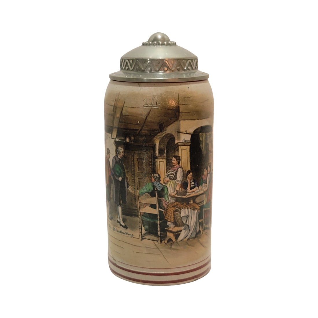German Stein, German Beer Stein, Men Returning Home: 1.0 Liter stoneware salt glaze transfer under glaze with nice period replaced lid, circa 1890's
