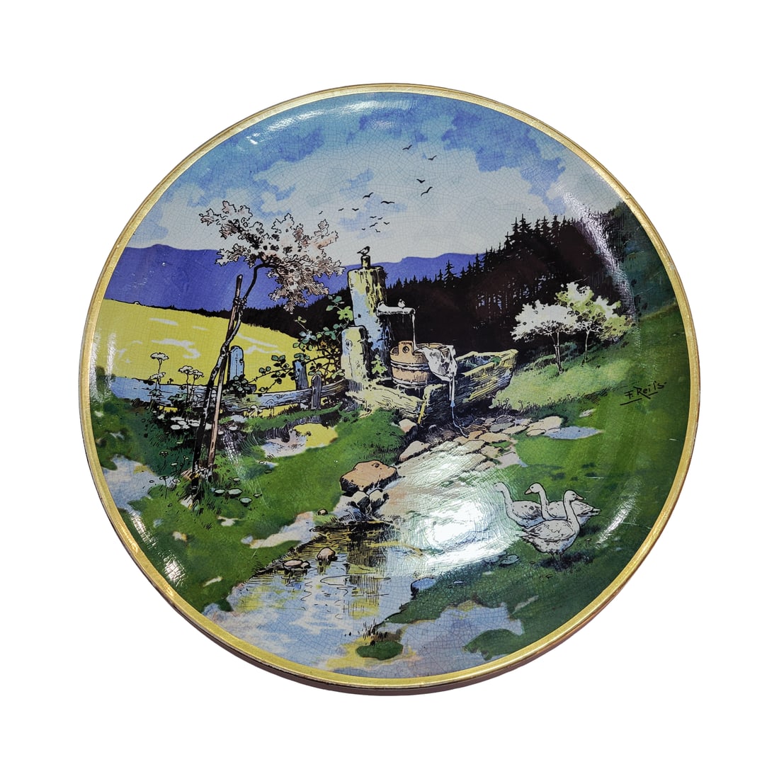 Mettlach #1044/1066, German Plaque, Water Pump & Geese (1 of 6)