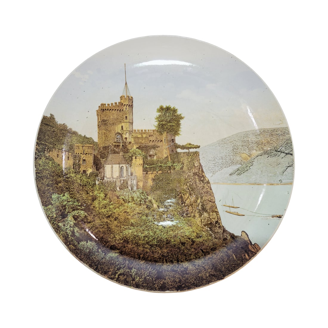 Sarreguemines #36, French Plaque, Rheinstein: 14.0" Wide pottery hand painted, circa early 1900