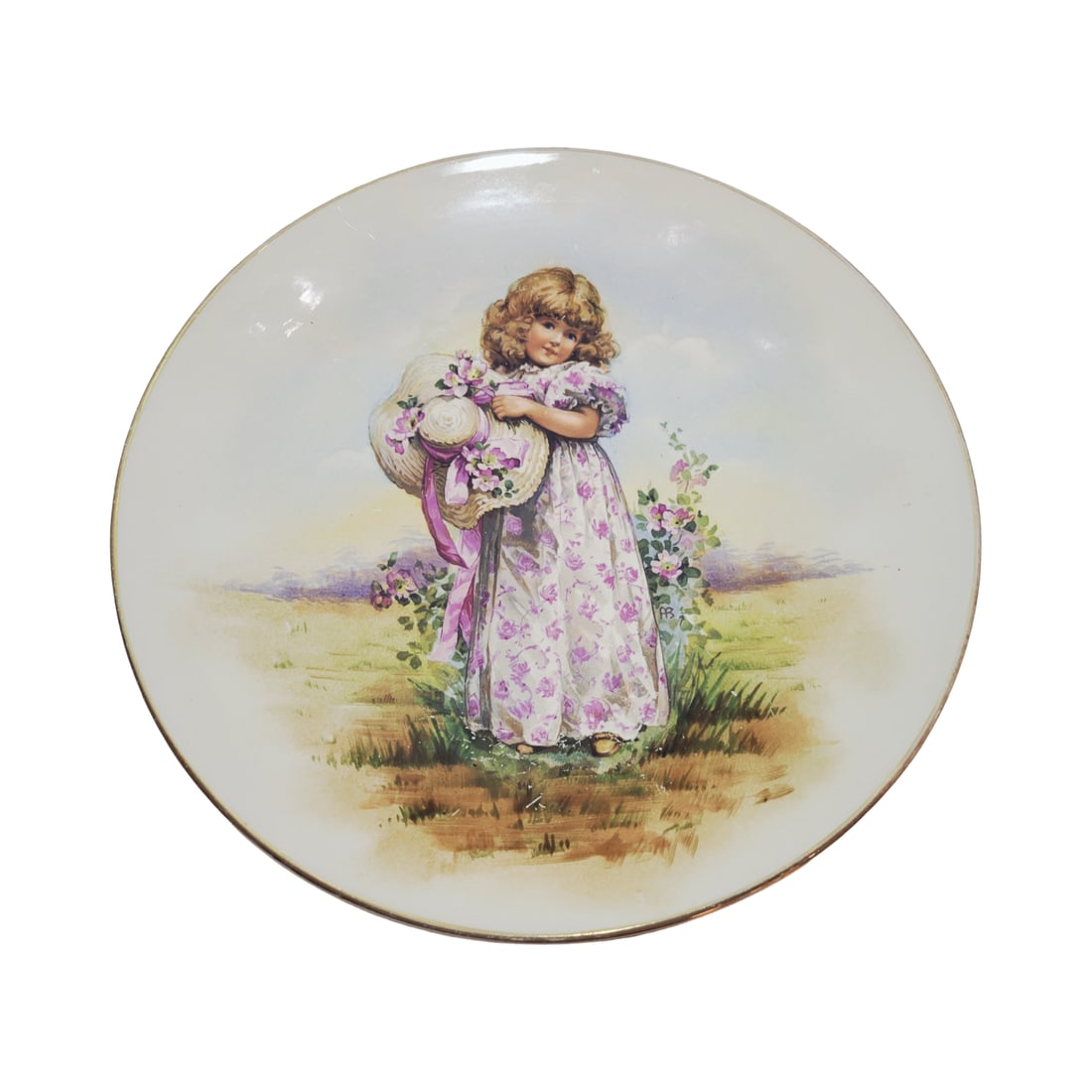 Villeroy & Boch Wallerfangen #9, German Plaque, Little Girl Holding Her Hat: 12.0" Wide pottery hand painted circa early 1900