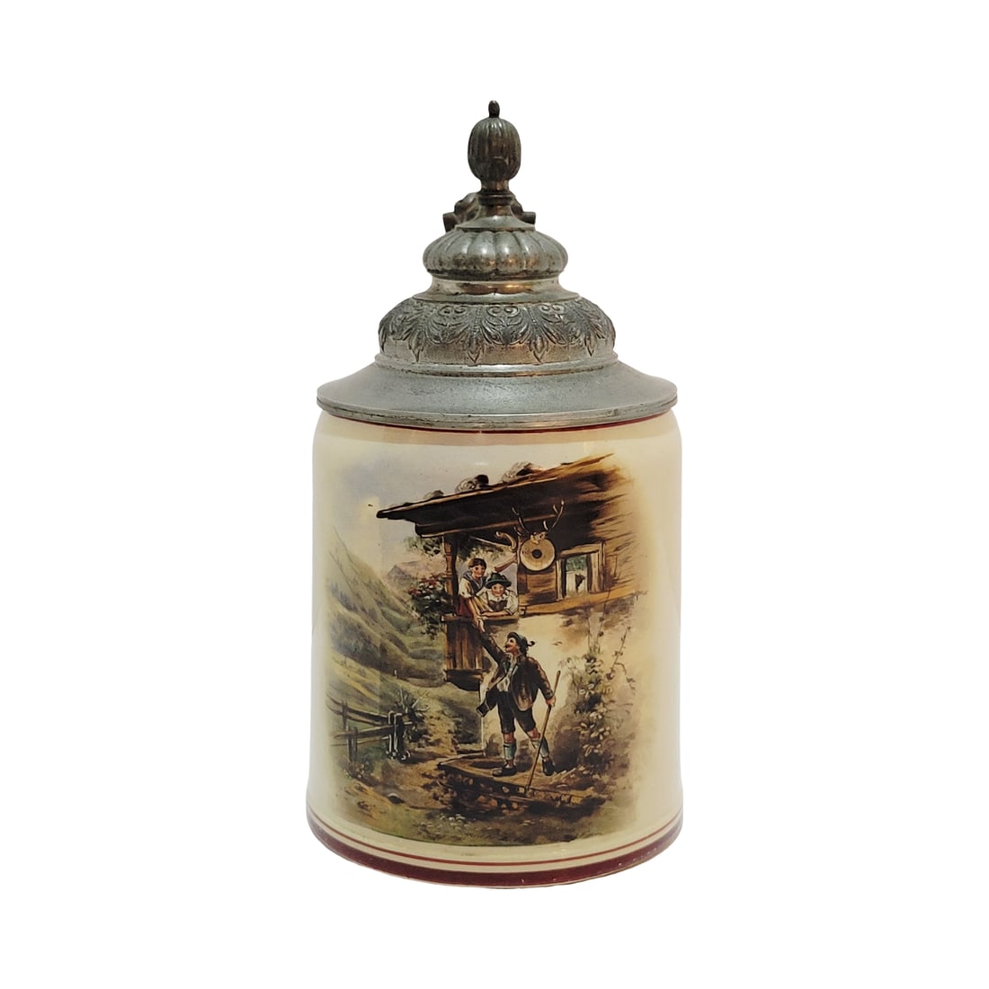 Marzi & Remy Stein, German Beer Stein, Farewell: 0.3 Liter pottery embellished print over glaze with great pewter lid, circa late 1890's