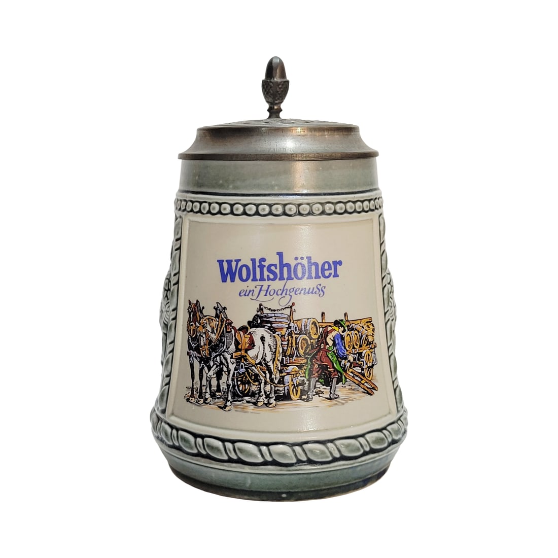 Modern Brewery Stein, German Brewery Stein, Wolfsh?her ein Hochgenuss: 1/2 Liter stoneware print over glaze with pewter lid, circa 1960's