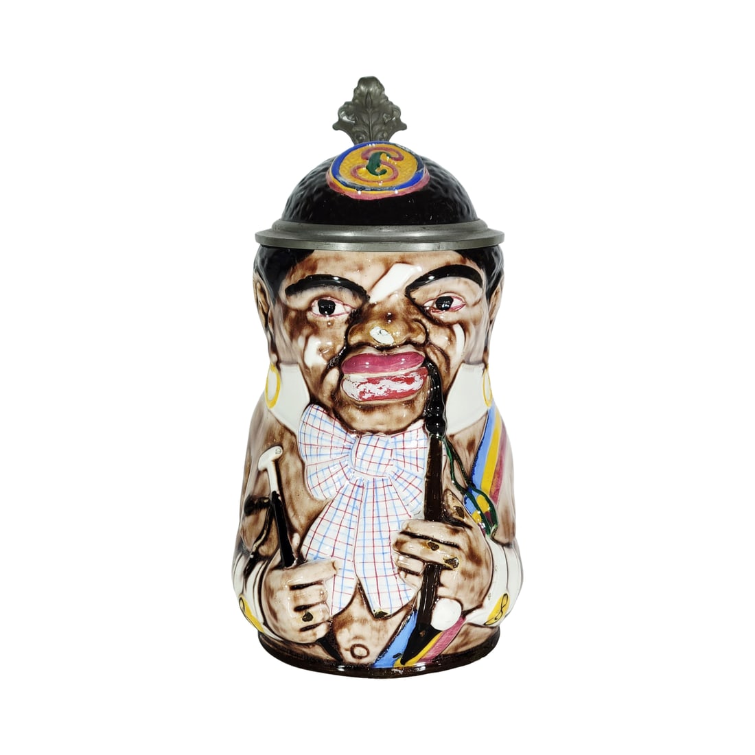 Gebruder Horn #1005, German Character Stein, The Cameroons Student: 1/2 Liter majolica hand painted with figural lid, circa late 1880's