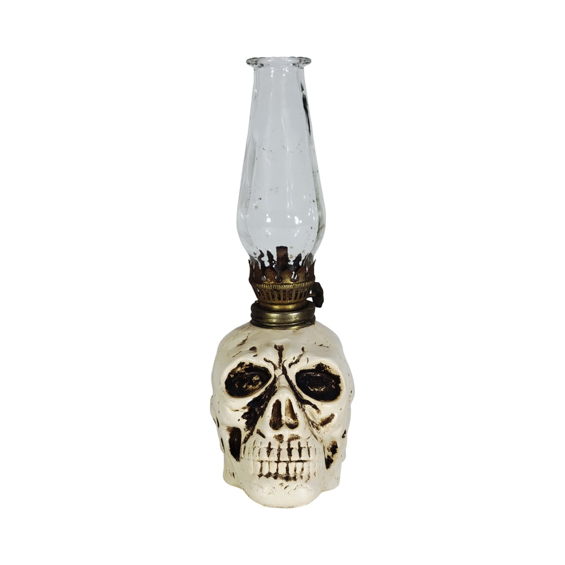 German Oil Lamp, German Character Lamp, Skull Oil Lamp: 8 1/2" Tall by 3.0" Wide molded ceramic hand painted oil lamp with inner dimpled glass and brass fittings, circa early 1900