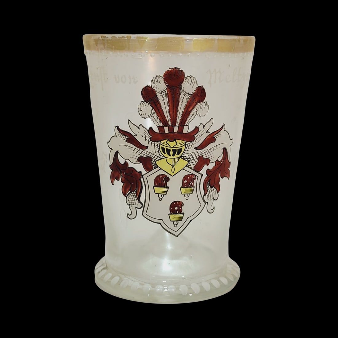 Fritz Heckert Beaker, German Beaker, Fritz von Meltzing Dated 1594: 4 3/4" Tall by 3.0" Wide hand blown clear glass with bubbles, hand enameled with family armorial crest, applied kicked in base with pontil and enameled stripes, circa 1880's