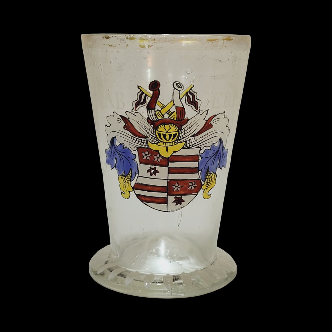 Fritz Heckert Beaker, German Beaker, Family Crest Beaker: 4 3/4" Tall by 3.0" Wide hand blown clear glass with bubbles, hand enameled with family armorial crest, applied kicked in base with pontil and enameled stripes, circa 1880's