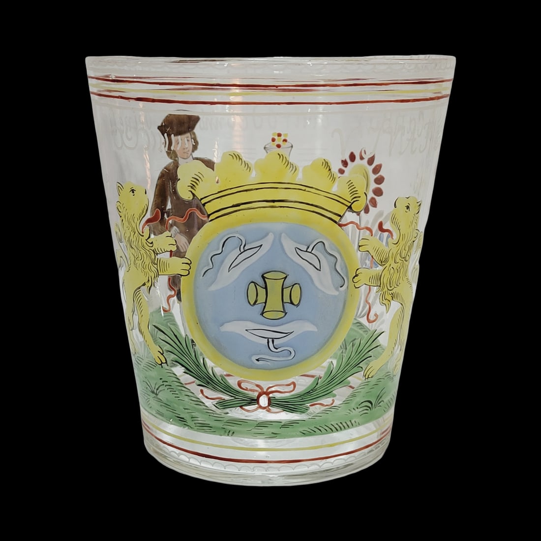 Fritz Heckert Beaker, Bohemian Beaker, Nobelman Holding Beaker Dated 1641: 5 3/8" Tall by 4 7/8" Wide hand blown clear glass hand enameled with a noble crest surrounded by lions with pontil on base, circa 1880's