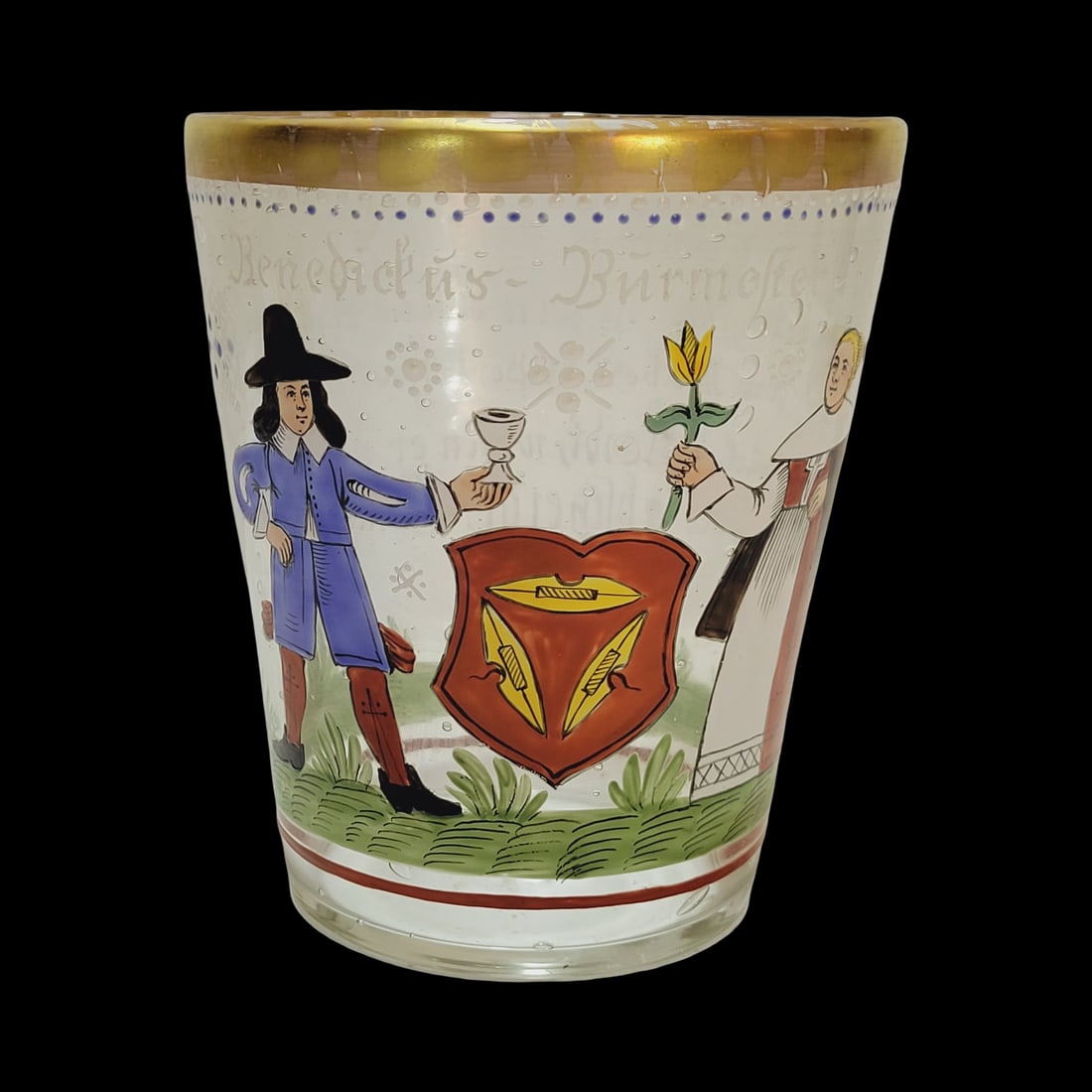 Fritz Heckert Beaker, Bohemian Beaker, Religious Beaker Dated 1654: 5 1/2" Tall by 4 3/4" Wide hand blown clear glass with bubbles, hand enameling with pontil on base, circa 1880's