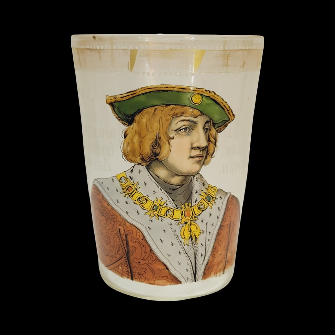 Fritz Heckert Beaker, Bohemian Beaker, The Emperor Caesar Dated 1519: 6 1/2" Tall by 4 7/8" Wide hand blown clear glass hand enameled with kicked in base and pontil, circa 1880's