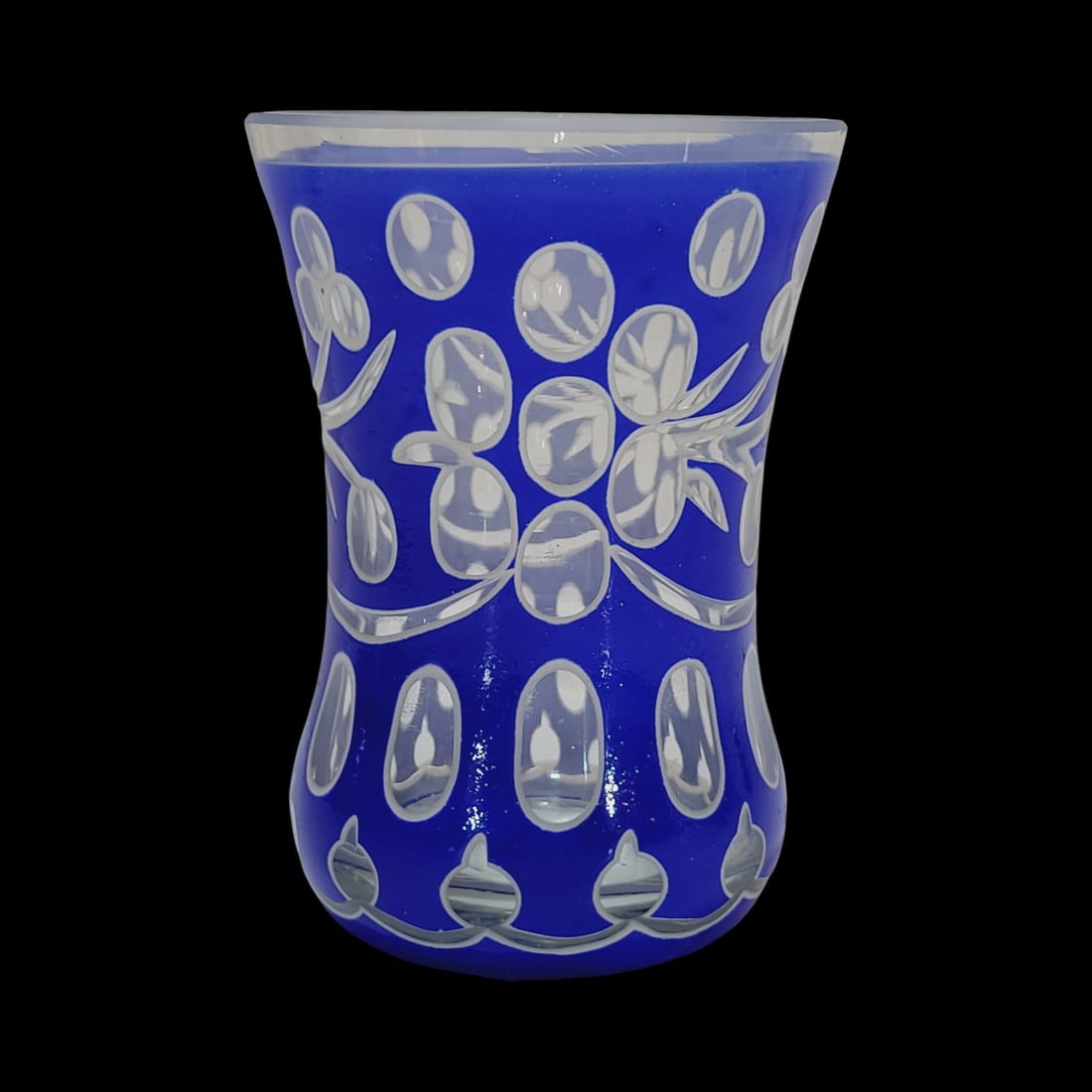 Glass Beaker, Bohemian Glass Beaker, Double Overlay Beaker: 4 5/8" Tall by 3 3/8" Wide blown cobalt over white over clear glass, wheel cut ovals and floral patterns, circa 1850's