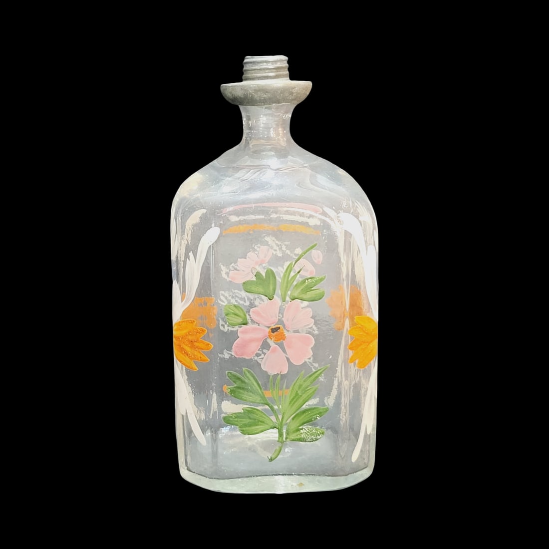 Bohemian Schnapsflaschen, German Liqour Bottle, Floral Pattern: 5 1/2" Tall by 2 3/4" Wide hand colorless glass with colorful enameling, rectangled body with beveled corners pontil on base and pewter fittings, circa 1800's