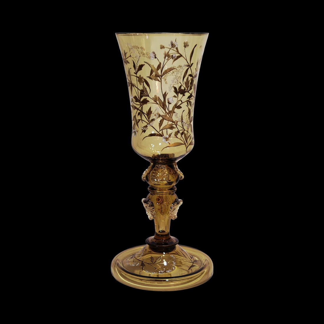 Fritz Heckert Goblet, German Glass Goblet, Tall Floral Design Goblet: 10.5" Tall by 4 5/8" Wide blown light brown glass with hand enameled florals, multiple blown applied base pieces with pinched leaves along the stem, circa 1880's