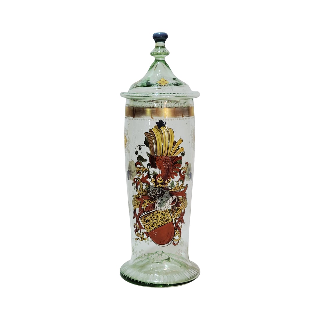 Fritz Heckert Humpen, German Lidded Humpen, Armorial Humpen: 12.0" Tall by 4.0" Wide hand blown green tinged glass with bubbles, hand enameling with crest and florals, flared base with enameled stripes and gold decoration at top between lines of white dots, bas