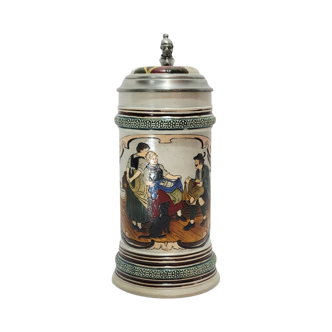 Marzi & Remy #152, German Beer Stein, Hunter and Women with Puppies: 1/2 Liter stoneware etched in full color with stoneware etched inlay lid, signed by Gustave Thinwibel, Text - To get old is a blessing of God. To stay young is the art of life, circa early 1890's