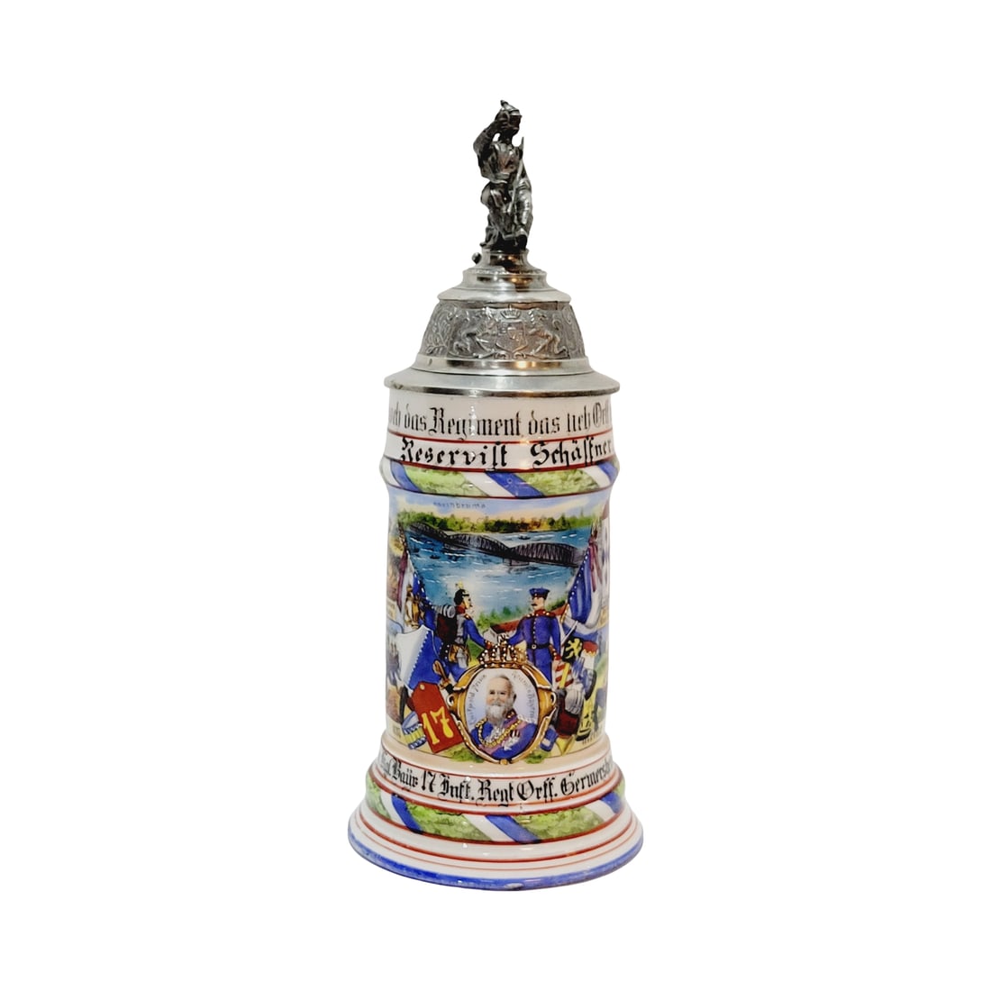 Regimental Stein, German Beer Stein, 9. Wurtt. Inft.-Rgt. Nr.127 Ulm 3. Comp. 1900-1902: 1/2 Liter porcelain embelished transfer under glaze with roster, nice pewter lid and lithophane, Owner - Musket. Weinmann, circa 1902