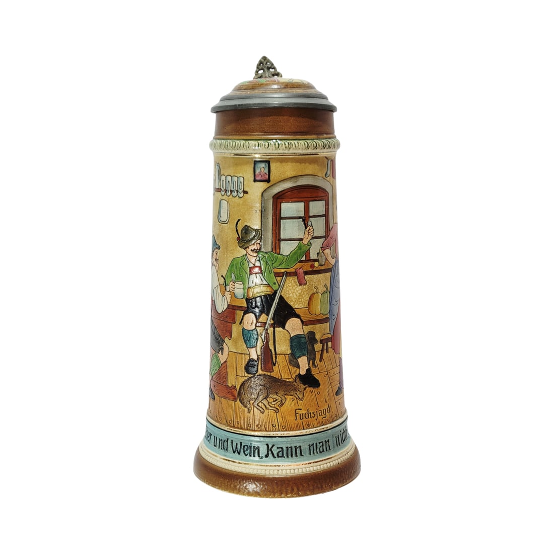 Matthias Girmscheid #X31, German Beer Stein, Fox Hunt: 1.5 Liter pottery etched with pottery etched inlay lid, signed by GK, Text - Without girls, bier and wine, one cannot be very cheerful, circa 1900