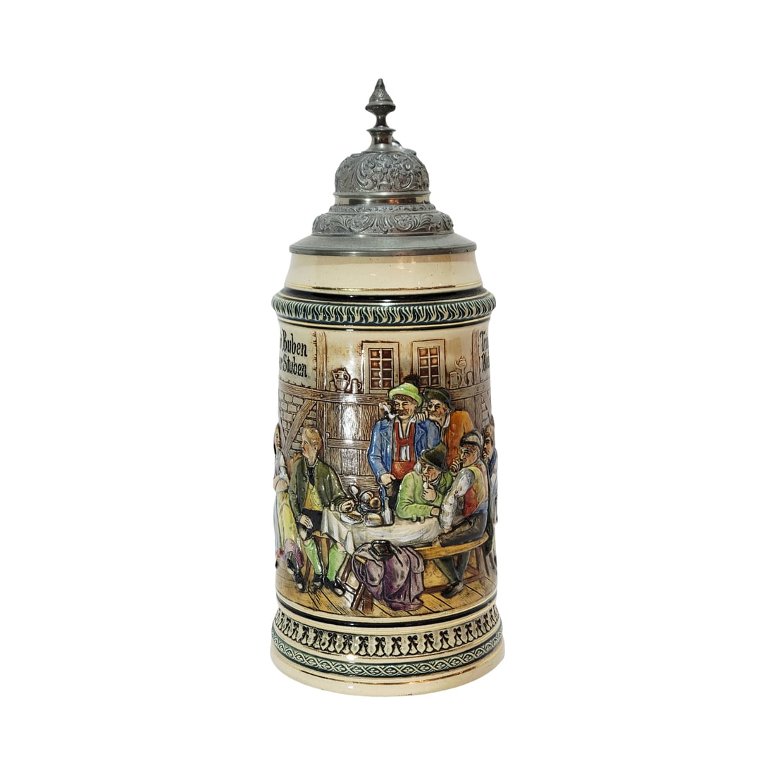 D?mler & Breiden #476, German Beer Stein, Tyrolean Tavern: 1.0 Pottery in raised glazed relief and in full color with great pewter lid, Text - Girls sit and boys enjoy themselves in taverns, Drink with good humor, the heart stays happy, circa 1890's