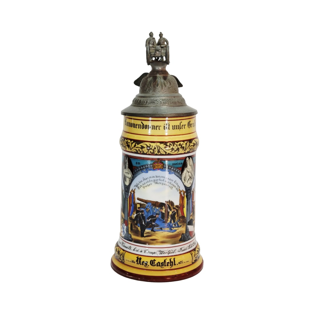 Regimental Stein, German Beer Stein, b.d.4.Comp. Westfal. Fuss Art.Regt. No7 Coln a/Rhn 1901-1903: 1/2 Liter porcelain embellished transfer under glaze and roster, nice pewter lid and colored lithophane, Owner - Parole Heimat, circa 1903