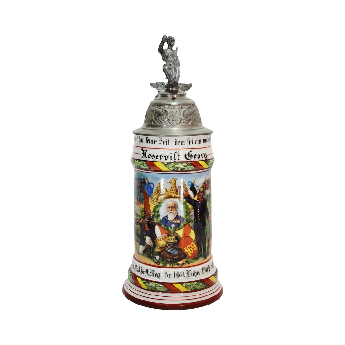 Regimental Stein, German Beer Stein, 1.Comp.8.Bad.Inft.Regt.Nr.169 Vahr 1905-1907: 1/2 Liter porcelain embellished transfer under glaze with roster, nice pewter lid and lithophane, Owner - Reservist Georg., circa 1907