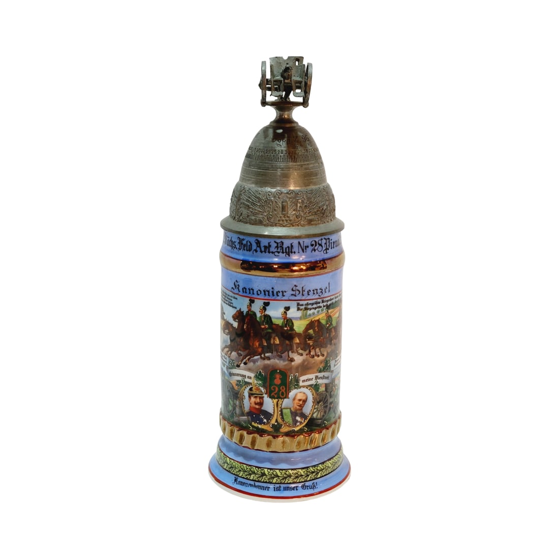 Regimental Stein, German Beer Stein, 2.Batt. 2.Kgl.Sachs. Feld Art.Rgt.Nr28 Dirna. 1909-1911.: 1/2 Liter porcelain embellished transfer with roster, nice pewter lid with lithophane, Owner - Kanonier Stenzel, circa 1911