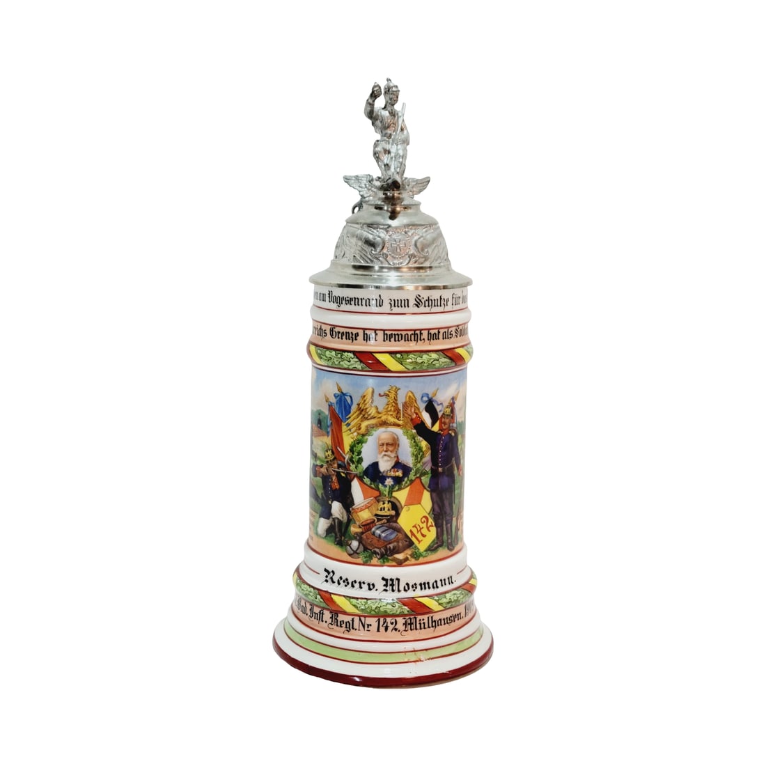 Regimental Stein, German Beer Stein, 10.Comp.7.Bad.Inft.Regt..No142. Mulhausen. 1905-1907: 1/2 Liter porcelain embellished transfer under glaze with roster, nice pewter lid and lithophane, Owner - Reserv. Mosmann., circa 1907