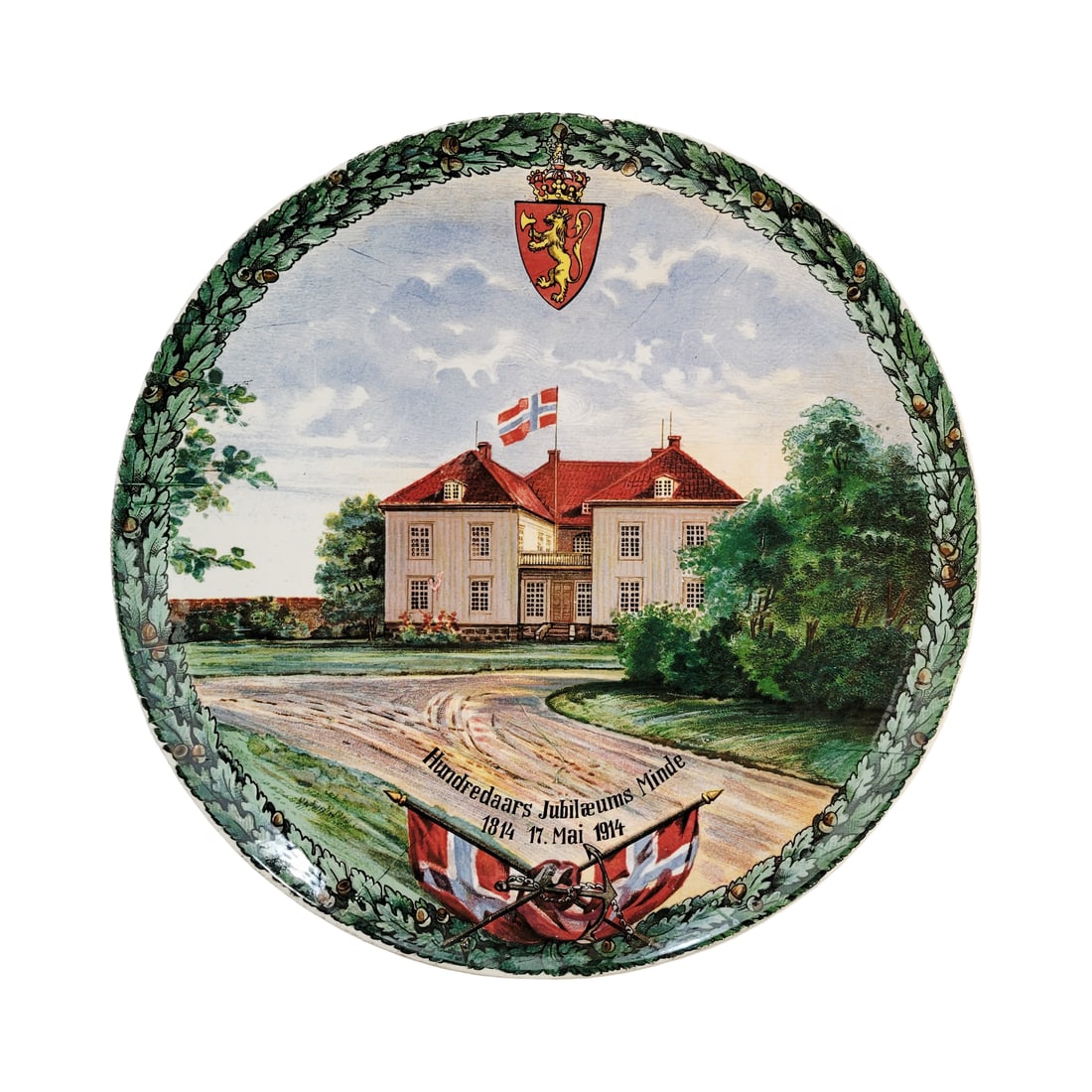 Hand Painted Plaque, Norwegian Plaque, Norwegian 100 Year Jubilee: 12.0" pottery hand painted, This plaque celebrates the 100 year signing of the Norwegian Constitution on May 17, 1814, circa 1914