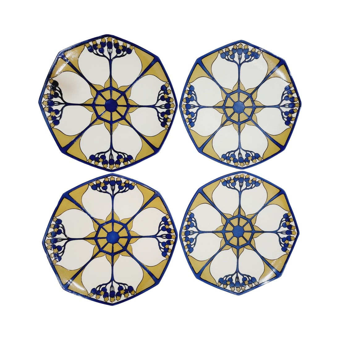 Mettlach #3096 I, German Salad Plate, Set of 4 Art Nouveau Plates: 8 1/4" Wide pottery etched art nouveau elderberry plates, circa all 4 1909
