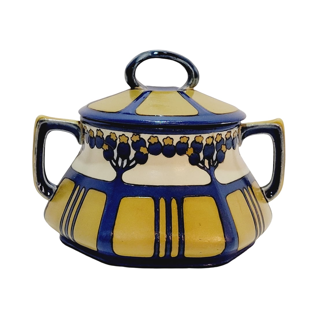 Mettlach #2948 II, German Sugar Bowl, Art Nouveau Sugar Bowl: 4" Tall by 5" Wide pottery etched lidded art nouveau elderberry sugar bowl, circa 1906
