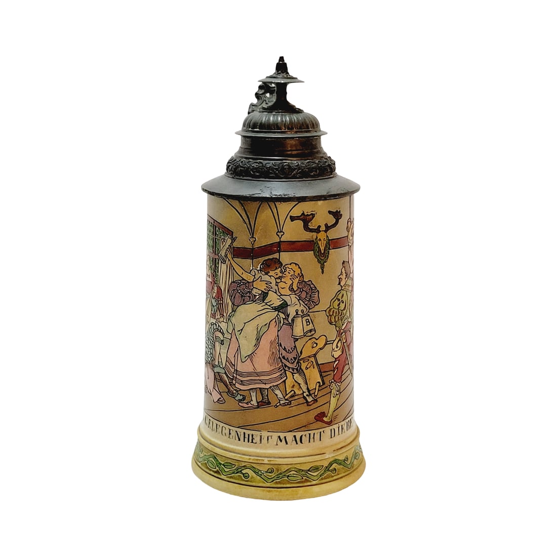 Hauber & Reuther #441, German Beer Stein, Stolen Kiss: 1/2 Liter pottery etched in full color with nice pewter lid, signed by Breindl, Text - Opportunity makes thieves, circa late 1890's